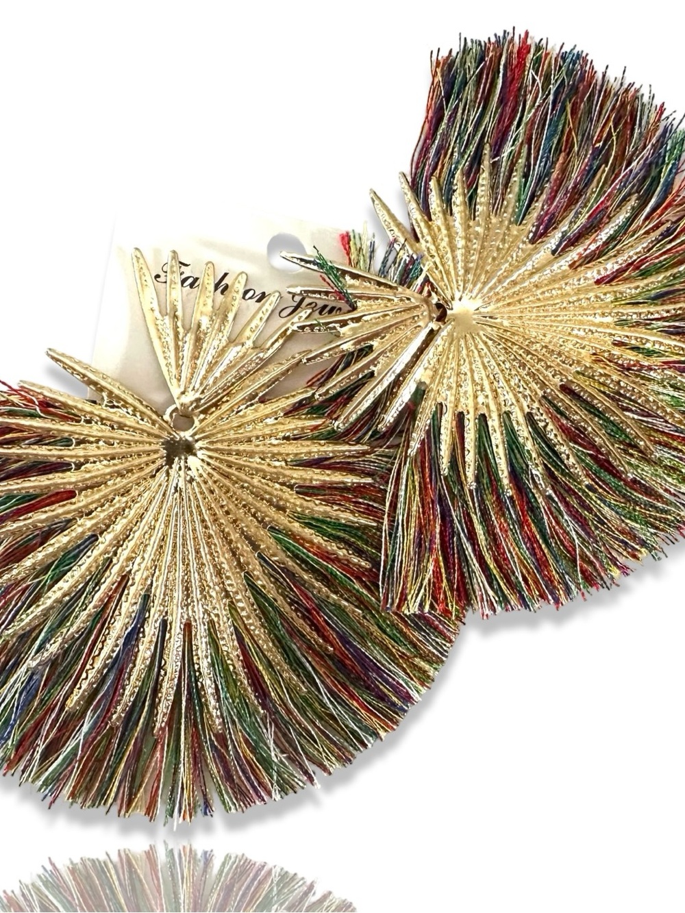 (2 for $30) Hand Crafted Gold Sunburst Earrings with Multicolor Thread Fringe